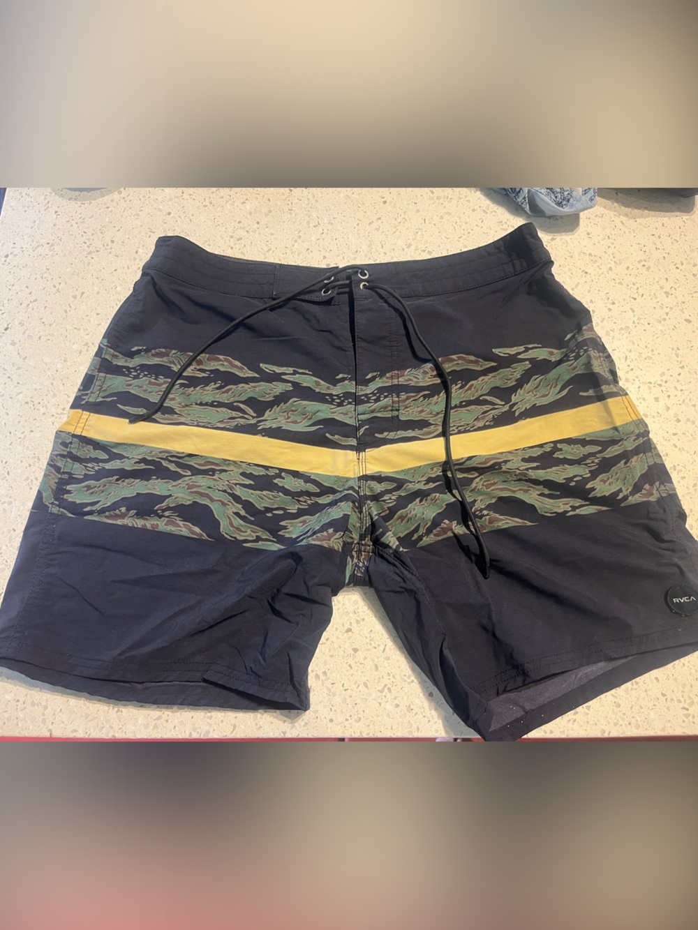 RVCA Black Swim/Board Shorts with Yellow Stripe & Green Camo